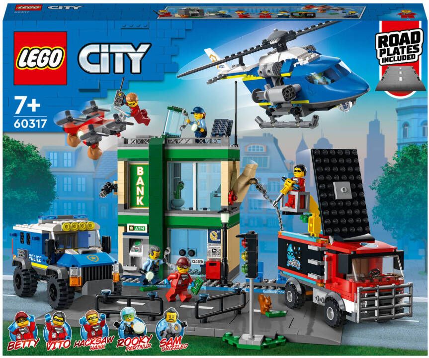 Lego 60317 City Politieachtervolging bij de Bank, met Helikopter Speelgoed, Drone en 2 Vrachtwagens voor Kinderen vanaf 7 Jaar