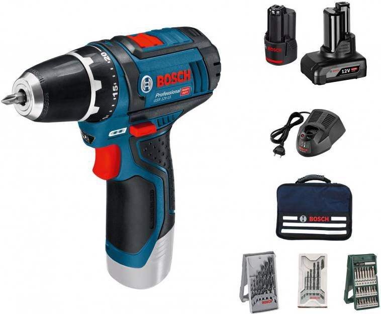 Bosch GSR 12V 15 12V Li Ion accu boor -/schroefmachine set(1x 4.0Ah + 1x 2.0Ah accu)in tas incl. 39 delige accessoireset