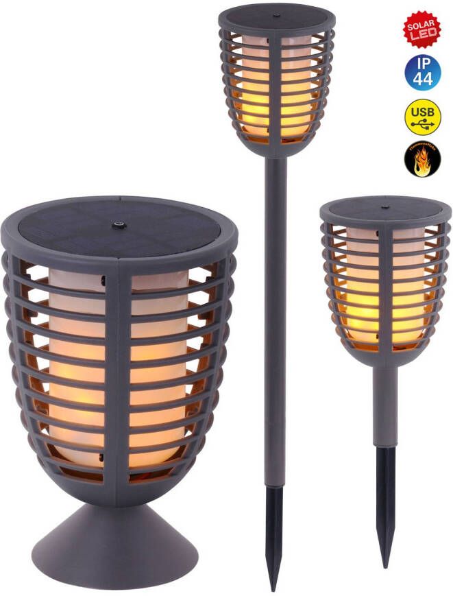 Naeve Leuchten LED solarlamp Fackel met aardspies, 3 in 1, grijs