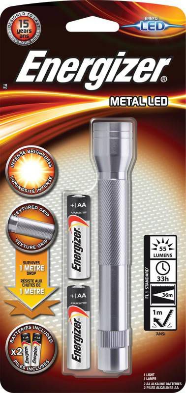 Merkloos Energizer Zaklamp Metal Led 2aa, Inclusief 2 Aa Batterijen, Op Blister